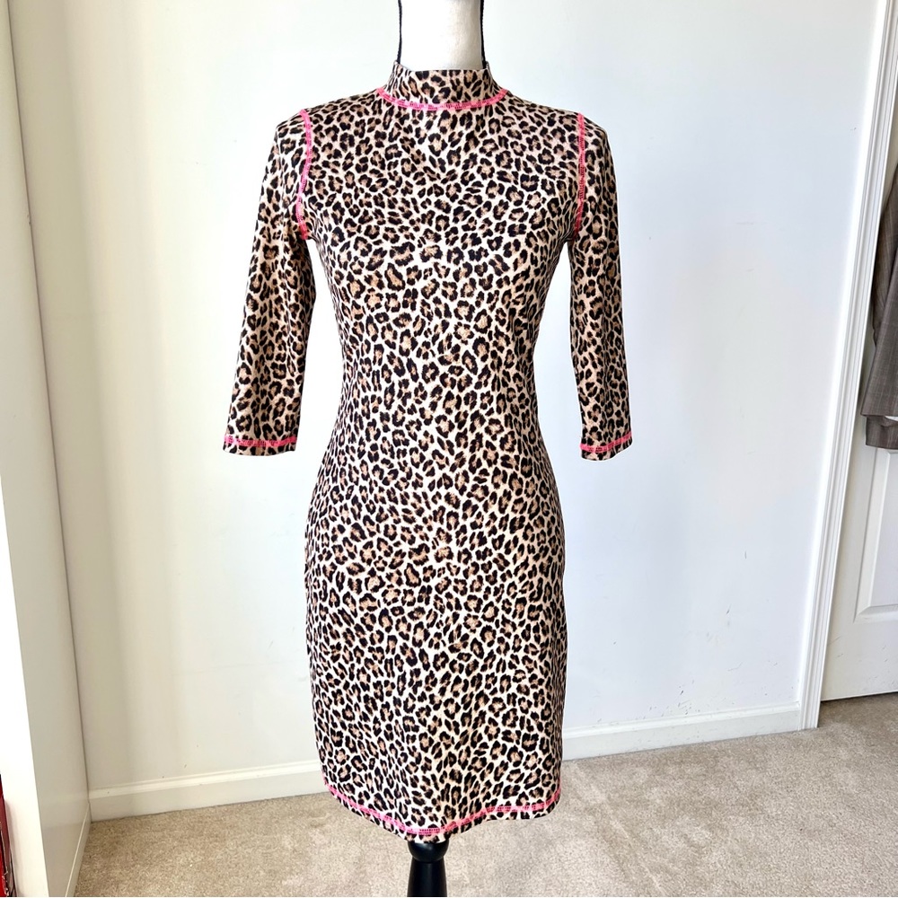 SLATE & WILLOW Leopard Print 3/4 Sleeve High Neck Body Con Dress—SZ. Small